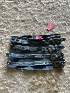 Dolls Kill Washed Blue Denim Mini Skirt with Buckle Straps